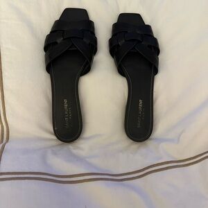 Saint Laurent Black Braided Leather Slide Sandals